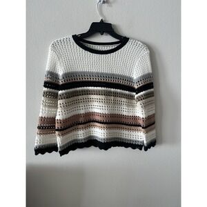 Oversized Women's Open Knit Sweater Boxy Striped Crop  Size L  Crochet Neutrals